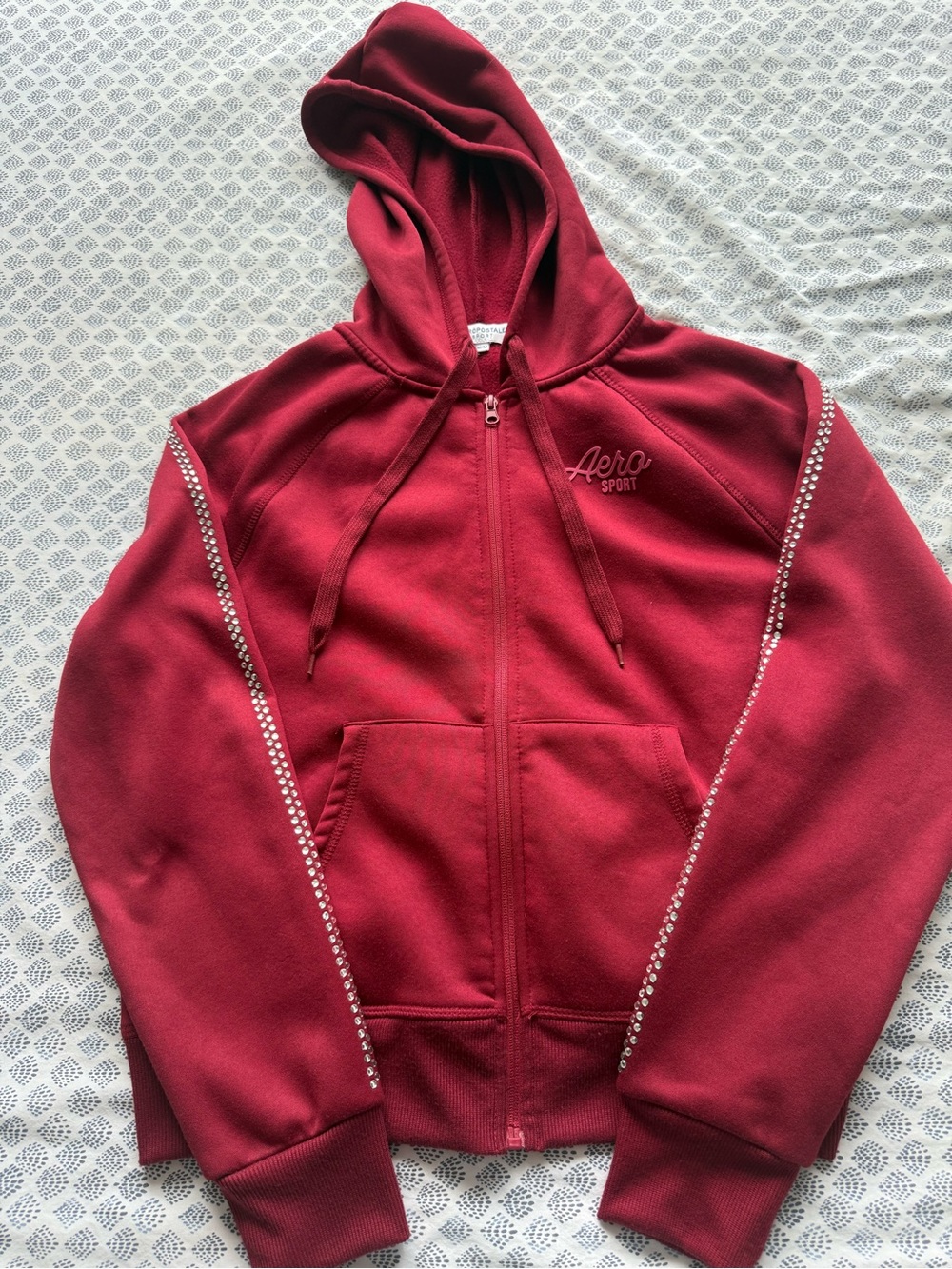 Aeropostale Maroon Zip-Up Hoodie with Rhinestone Sleeve Trim